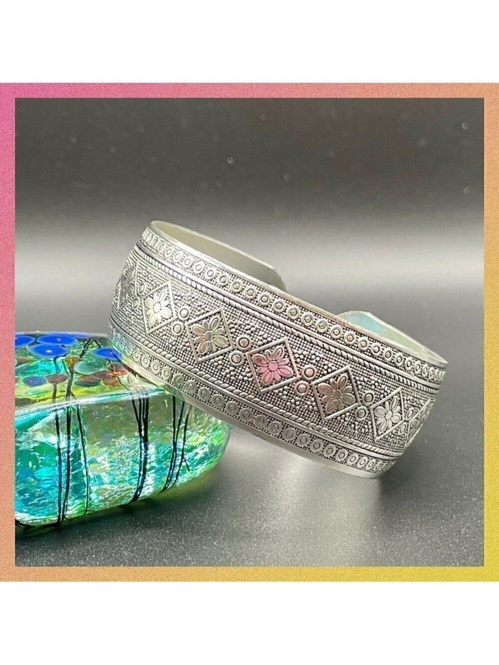 Interior Diamond Shapes Design Geometric Cuff Bracelet Silver Tone #1192